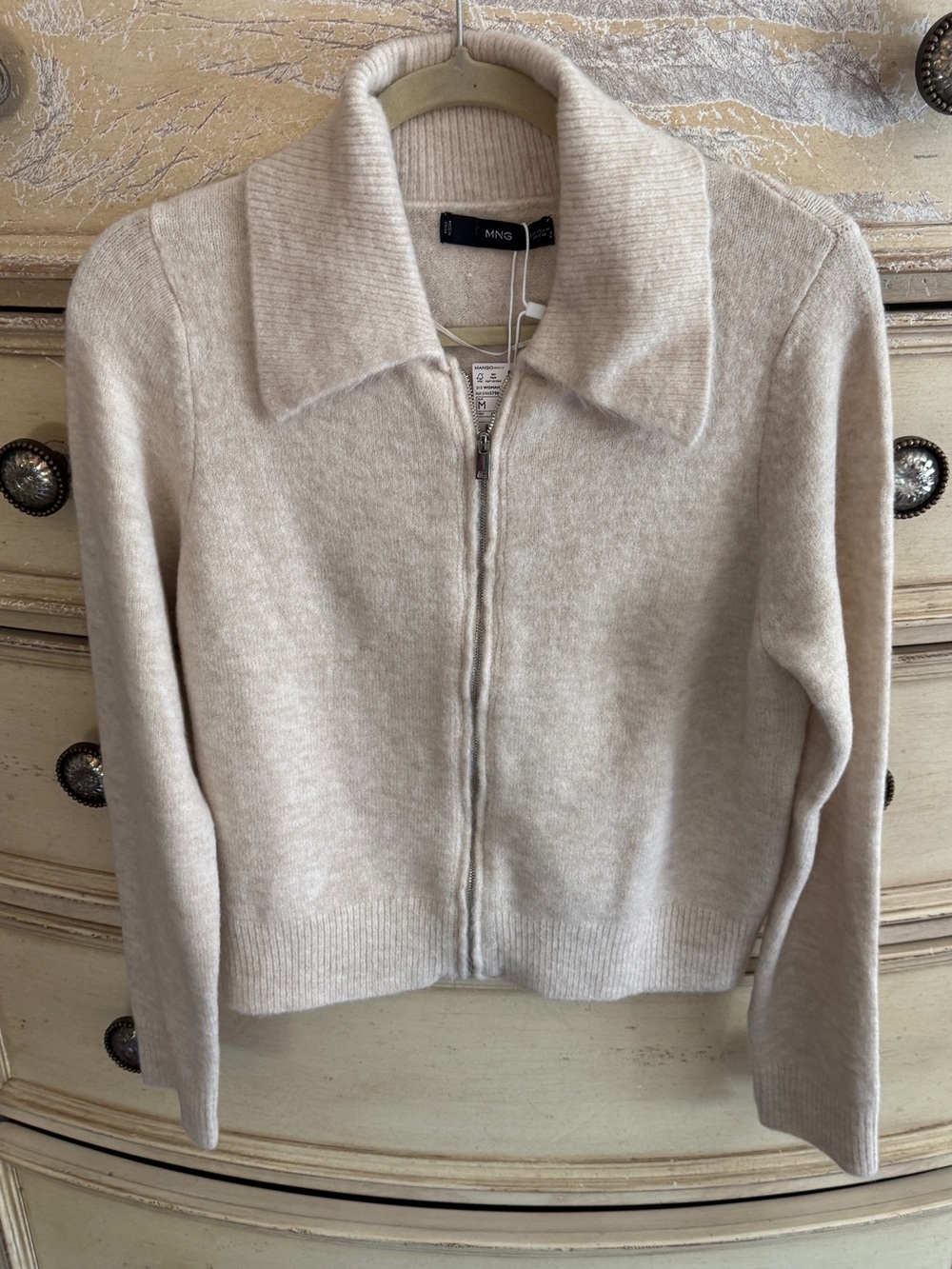 Mango Light Cream Zip-Up Collared Cardigan Sweater